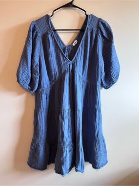 Aerie Blue V-Neck Tiered Puff-Sleeve Women's Mini Dress